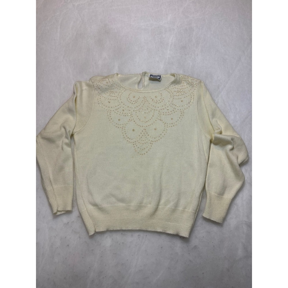 Kenneth Too Cream Beaded Embellished Long Sleeve Sweater‎ Top